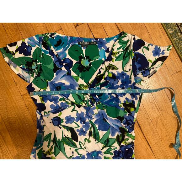 Lauren Ralph Lauren Blue Floral Flutter Sleeve Stretch Faux Wrap Dress Womens 18 - Picture 3 of 7